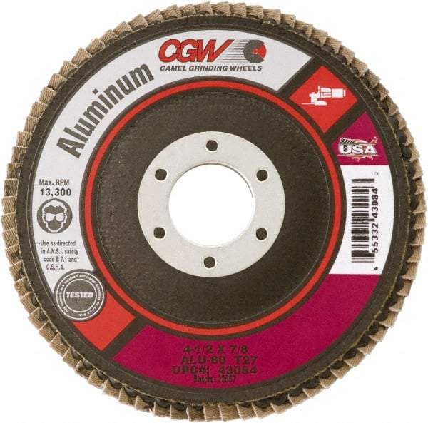 Camel Grinding Wheels - 36 Grit, 7" Disc Diam, 7/8" Center Hole, Type 29 Aluminum Oxide Flap Disc - 8,600 Max RPM, Polyester Backing, Arbor Attaching System, Coated - Benchmark Tooling
