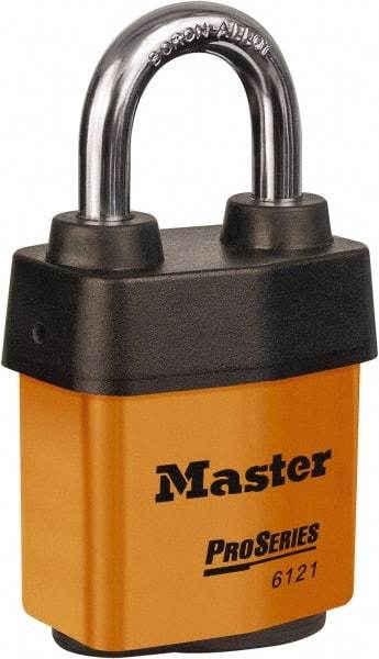 Master Lock - 1-1/8" Shackle Clearance, Keyed Different Padlock - 5/16" Shackle Diam, Laminated Steel - Benchmark Tooling