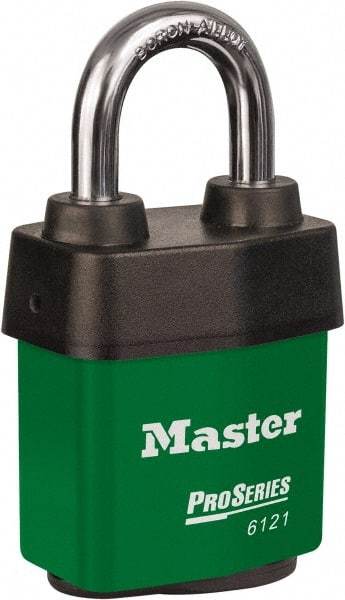 Master Lock - 1-1/8" Shackle Clearance, Keyed Different Padlock - 5/16" Shackle Diam, Laminated Steel - Benchmark Tooling