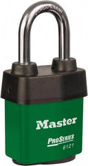 Master Lock - 1-1/2" Shackle Clearance, Keyed Different Padlock - 5/16" Shackle Diam, Laminated Steel - Benchmark Tooling