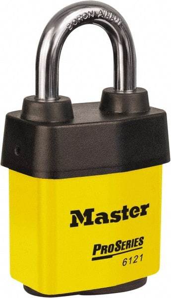 Master Lock - 1-1/8" Shackle Clearance, Keyed Different Padlock - 5/16" Shackle Diam, Laminated Steel - Benchmark Tooling