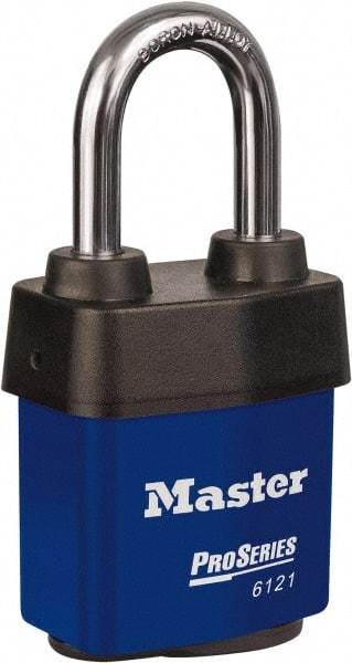 Master Lock - 1-1/2" Shackle Clearance, Keyed Different Padlock - 5/16" Shackle Diam, Laminated Steel - Benchmark Tooling