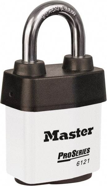 Master Lock - 1-1/8" Shackle Clearance, Keyed Different Padlock - 5/16" Shackle Diam, Laminated Steel - Benchmark Tooling