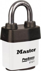 Master Lock - 1-1/8" Shackle Clearance, Keyed Different Padlock - 5/16" Shackle Diam, Laminated Steel - Benchmark Tooling