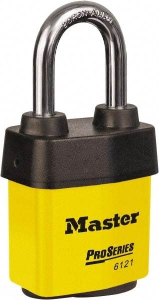 Master Lock - 1-1/2" Shackle Clearance, Keyed Different Padlock - 5/16" Shackle Diam, Laminated Steel - Benchmark Tooling