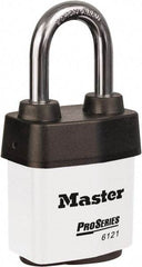 Master Lock - 1-1/2" Shackle Clearance, Keyed Different Padlock - 5/16" Shackle Diam, Laminated Steel - Benchmark Tooling