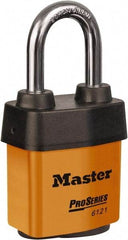 Master Lock - 1-1/2" Shackle Clearance, Keyed Different Padlock - 5/16" Shackle Diam, Laminated Steel - Benchmark Tooling