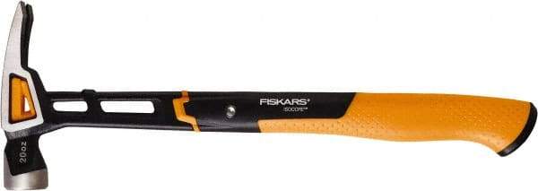 Fiskars - 20 oz Head, Straight Nail Hammer - 15-1/2" OAL, Forged Steel Head, 1-1/4" Face Diam, Smooth Face - Benchmark Tooling