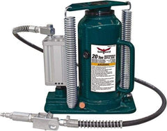 Safeguard - 20 Ton Capacity Air-Actuated Bottle Jack - 10-1/2" to 20-1/2" High, 6.77" Piston Stroke, 1.42" Screw Diam, 2.2" Plunger Diam, 7" Long x 9-1/2" Wide Base - Benchmark Tooling