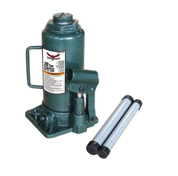 Safeguard - 20 Ton Capacity Hydraulic Bottle Jack - 9-1/2" to 17-3/4" High, 5.91" Piston Stroke, 1-7/8" Screw Length, 1.42" Screw Diam, 2.09" Plunger Diam, 5-15/16" Long x 6-1/4" Wide Base - Benchmark Tooling