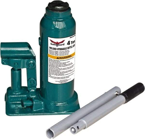 Safeguard - 2 Ton Capacity Hydraulic Bottle Jack - 7-1/2" to 14-3/8" High, 4.53" Piston Stroke, 2-3/8" Screw Length, 0.55" Screw Diam, 0.79" Plunger Diam, 2-1/2" Long x 4-15/16" Wide Base - Benchmark Tooling