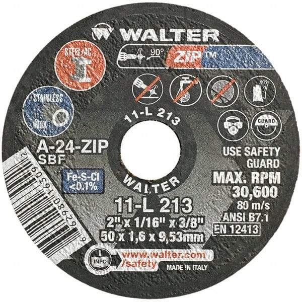 WALTER Surface Technologies - 2" 24 Grit Aluminum Oxide Cutoff Wheel - 1/16" Thick, 3/8" Arbor, 30,600 Max RPM, Use with Die Grinders - Benchmark Tooling