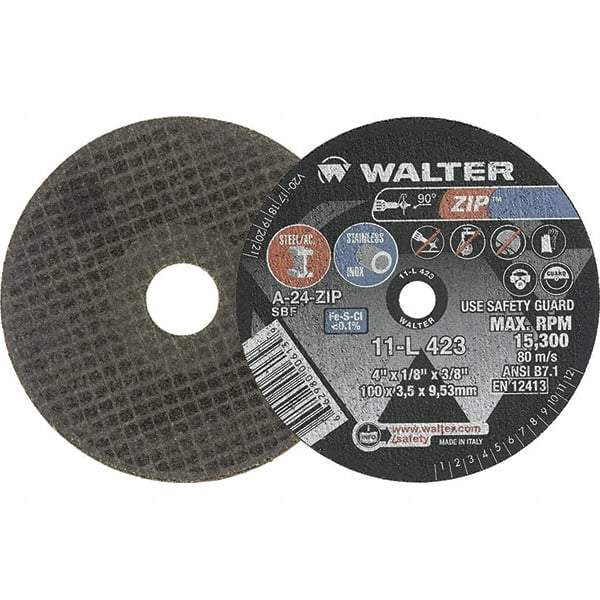 WALTER Surface Technologies - 4" 24 Grit Aluminum Oxide Cutoff Wheel - 1/8" Thick, 3/8" Arbor, 15,300 Max RPM, Use with Die Grinders - Benchmark Tooling