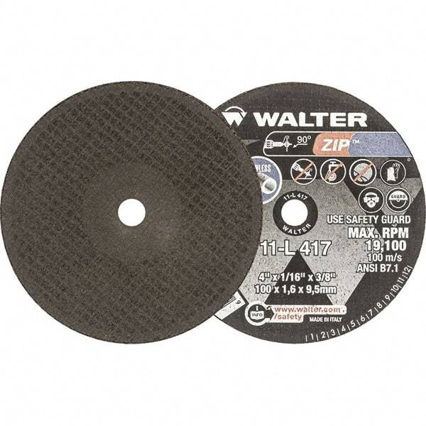 WALTER Surface Technologies - 4" 60 Grit Aluminum Oxide Cutoff Wheel - 1/16" Thick, 3/8" Arbor, 19,100 Max RPM, Use with Die Grinders - Benchmark Tooling