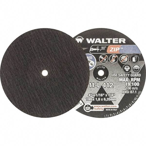 WALTER Surface Technologies - 4" 24 Grit Aluminum Oxide Cutoff Wheel - 1/16" Thick, 1/4" Arbor, 19,100 Max RPM, Use with Die Grinders - Benchmark Tooling