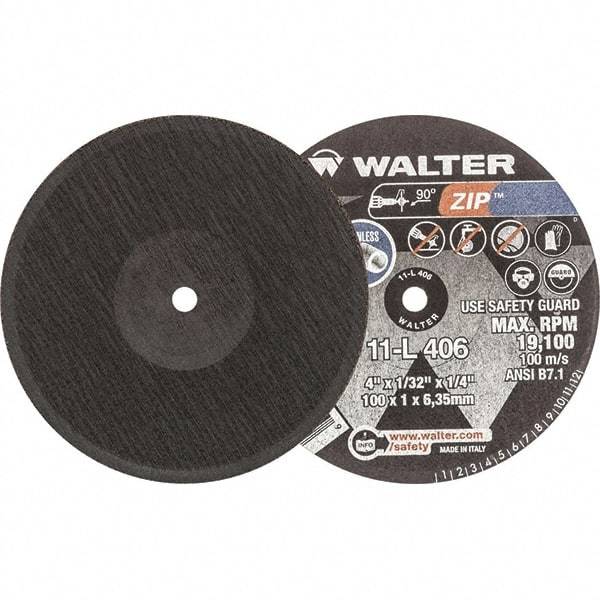 WALTER Surface Technologies - 4" 24 Grit Aluminum Oxide Cutoff Wheel - 1/32" Thick, 1/4" Arbor, 19,100 Max RPM, Use with Die Grinders - Benchmark Tooling