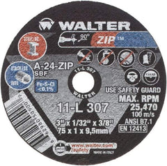 WALTER Surface Technologies - 3" 24 Grit Aluminum Oxide Cutoff Wheel - 1/32" Thick, 3/8" Arbor, 25,470 Max RPM, Use with Die Grinders - Benchmark Tooling