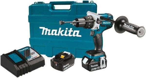 Makita - 18 Volt 1/2" Chuck Pistol Grip Handle Cordless Drill - 0-2100 RPM, Reversible, 2 Lithium-Ion Batteries Included - Benchmark Tooling