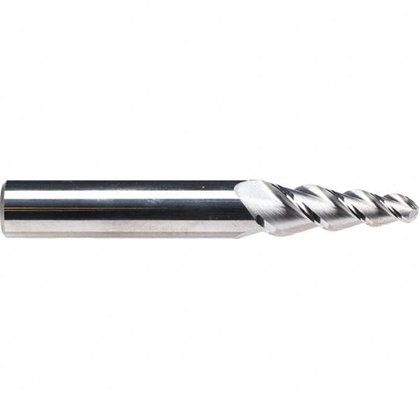 Emuge - 6° Taper Angle per Side, 4.28mm Small End Diam, 15mm LOC, Solid Carbide 3 Flute Tapered Ball End Mill - 62mm OAL, 6mm Shank Diam, Spiral Flute, 45° Helix - Benchmark Tooling
