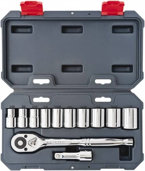 Crescent - 12 Piece 1/2" Drive Chrome Vanadium Finish Socket Set - 12 Points, 7/16" to 1" Range, Inch Measurement Standard - Benchmark Tooling