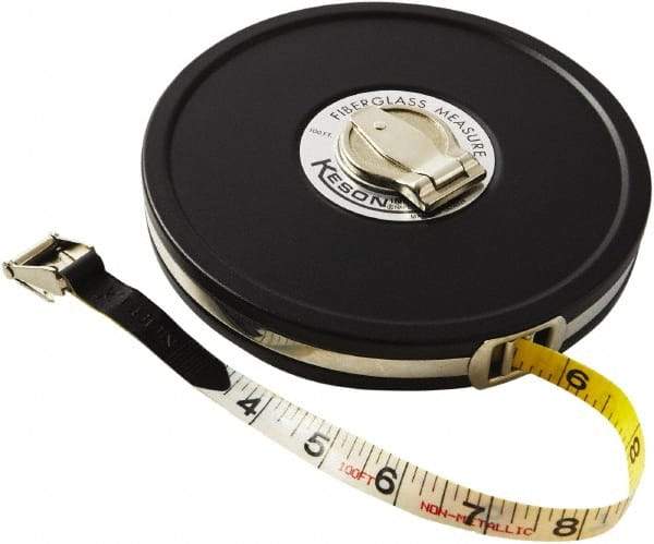 Keson - 100' x 1/2" Tape Measure - 1/8, 1/10 & 1/100" Graduation - Benchmark Tooling