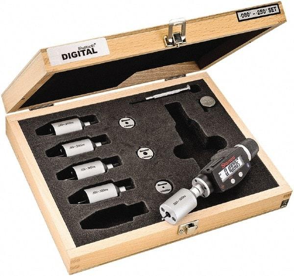 Starrett - 2 to 6mm, 18mm Gage Depth, 0.001mm Resolution, Friction Thimble, IP65 Electronic Inside Hole Micrometer Set - Accurate to 0.004mm, 1 Head, 5 Anvils, 3 Setting Rings, Data Output, Instant Inch/Millimeter Conversion - Benchmark Tooling