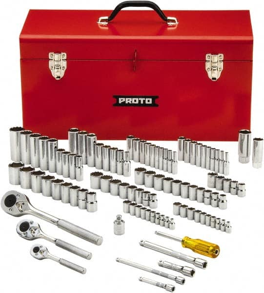 Proto - 101 Piece 1/4", 3/8" & 1/2" Drive Chrome Finish Deep Well Socket Set - 6, 8, 12 Points, 1/4" to 1" (4mm to 19mm) Range, Inch/Metric Measurement Standard - Benchmark Tooling