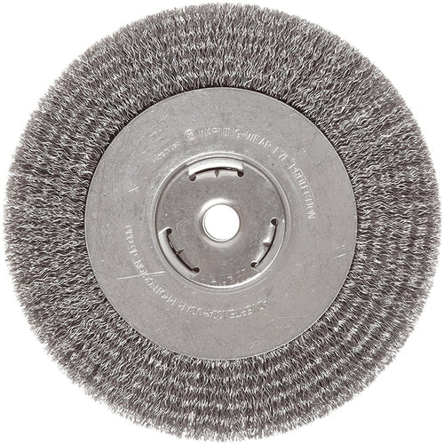 ‎Vortec Pro 4″ Narrow Face Crimped Wire Wheel, .014″ Steel Fill, 5/8″-11 UNC Nut, Retail Pack - Benchmark Tooling