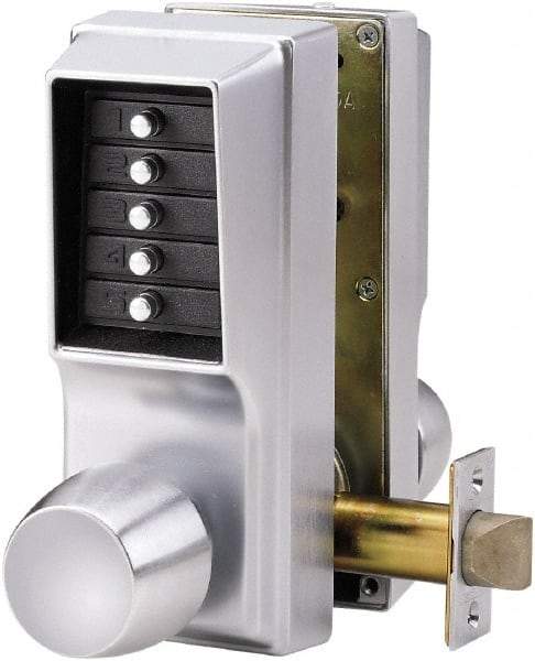 Kaba Access - 1-3/4 to 2-1/4" Door Thickness, Satin Chrome Pushbutton Knob Lockset - 2-3/4" Back Set, 1 Code, Zamak3, Nonkey Override Cylinder - Benchmark Tooling