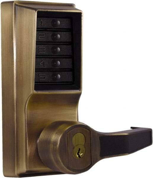 Kaba Access - Combination Entry Lever Lockset with Key Override - 2-3/4" Back Set, No Cylinder, Zamak3, Antique Brass Finish - Benchmark Tooling