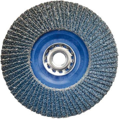 Norton - 80 Grit, 5" Disc Diam, 5/8-11 Center Hole, Type 27 Zirconia Alumina Flap Disc - 12,000 Max RPM, Plastic Backing, Arbor Attaching System, Coated - Benchmark Tooling