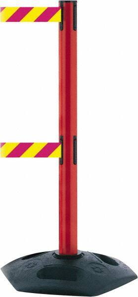 Tensator - 38" High, 2-1/2" Pole Diam, 4 Way Stanchion - 19" Base Diam, Octagon Recycled Rubber Base, Red Plastic Post, 7-1/2' x 2" Tape, Dual Line Tape, For Outdoor Use - Benchmark Tooling