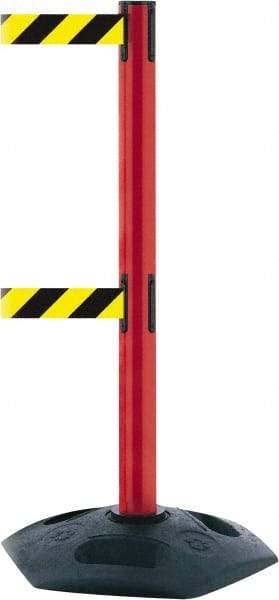 Tensator - 38" High, 2-1/2" Pole Diam, 4 Way Stanchion - 19" Base Diam, Octagon Recycled Rubber Base, Red Plastic Post, 7-1/2' x 2" Tape, Dual Line Tape, For Outdoor Use - Benchmark Tooling