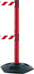 Tensator - 38" High, 2-1/2" Pole Diam, 4 Way Stanchion - 19" Base Diam, Octagon Recycled Rubber Base, Red Plastic Post, 7-1/2' x 2" Tape, Dual Line Tape, For Outdoor Use - Benchmark Tooling