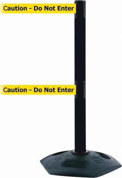 Tensator - 38" High, 2-1/2" Pole Diam, 4 Way Stanchion - 19" Base Diam, Octagon Recycled Rubber Base, Black Plastic Post, 7-1/2' x 2" Tape, Dual Line Tape, For Outdoor Use - Benchmark Tooling