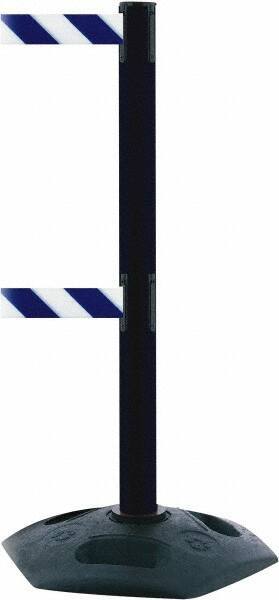 Tensator - 38" High, 2-1/2" Pole Diam, 4 Way Stanchion - 19" Base Diam, Octagon Recycled Rubber Base, Black Plastic Post, 7-1/2' x 2" Tape, Dual Line Tape, For Outdoor Use - Benchmark Tooling