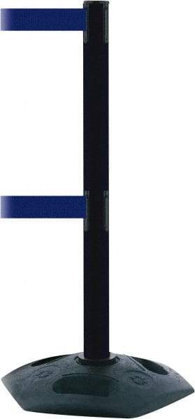 Tensator - 38" High, 2-1/2" Pole Diam, 4 Way Stanchion - 19" Base Diam, Octagon Recycled Rubber Base, Black Plastic Post, 7-1/2' x 2" Tape, Dual Line Tape, For Outdoor Use - Benchmark Tooling