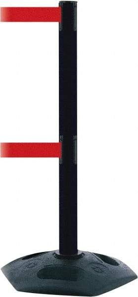 Tensator - 38" High, 2-1/2" Pole Diam, 4 Way Stanchion - 19" Base Diam, Octagon Recycled Rubber Base, Black Plastic Post, 7-1/2' x 2" Tape, Dual Line Tape, For Outdoor Use - Benchmark Tooling
