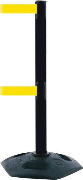 Tensator - 38" High, 2-1/2" Pole Diam, 4 Way Stanchion - 19" Base Diam, Octagon Recycled Rubber Base, Black Plastic Post, 7-1/2' x 2" Tape, Dual Line Tape, For Outdoor Use - Benchmark Tooling