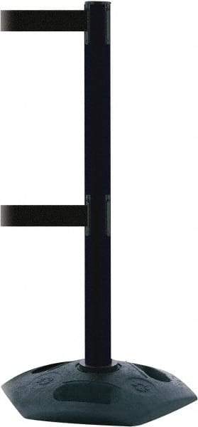 Tensator - 38" High, 2-1/2" Pole Diam, 4 Way Stanchion - 19" Base Diam, Octagon Recycled Rubber Base, Black Plastic Post, 7-1/2' x 2" Tape, Dual Line Tape, For Outdoor Use - Benchmark Tooling