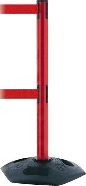 Tensator - 38" High, 2-1/2" Pole Diam, 4 Way Stanchion - 19" Base Diam, Octagon Recycled Rubber Base, Red Plastic Post, 13' x 2" Tape, Dual Line Tape, For Outdoor Use - Benchmark Tooling