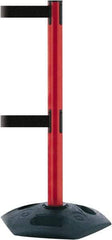 Tensator - 38" High, 2-1/2" Pole Diam, 4 Way Stanchion - 19" Base Diam, Octagon Recycled Rubber Base, Red Plastic Post, 13' x 2" Tape, Dual Line Tape, For Outdoor Use - Benchmark Tooling