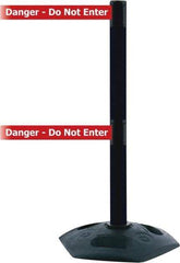 Tensator - 38" High, 2-1/2" Pole Diam, 4 Way Stanchion - 19" Base Diam, Octagon Recycled Rubber Base, Black Plastic Post, 13' x 2" Tape, Dual Line Tape, For Outdoor Use - Benchmark Tooling