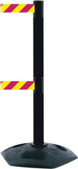 Tensator - 38" High, 2-1/2" Pole Diam, 4 Way Stanchion - 19" Base Diam, Octagon Recycled Rubber Base, Black Plastic Post, 13' x 2" Tape, Dual Line Tape, For Outdoor Use - Benchmark Tooling