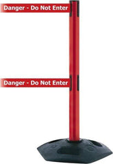 Tensator - 38" High, 2-1/2" Pole Diam, 4 Way Stanchion - 19" Base Diam, Octagon Recycled Rubber Base, Red Plastic Post, 7-1/2' x 2" Tape, Dual Line Tape, For Outdoor Use - Benchmark Tooling