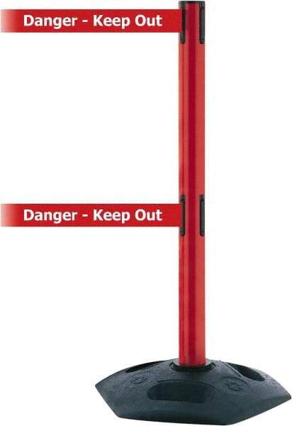 Tensator - 38" High, 2-1/2" Pole Diam, 4 Way Stanchion - 19" Base Diam, Octagon Recycled Rubber Base, Red Plastic Post, 7-1/2' x 2" Tape, Dual Line Tape, For Outdoor Use - Benchmark Tooling