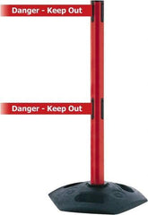Tensator - 38" High, 2-1/2" Pole Diam, 4 Way Stanchion - 19" Base Diam, Octagon Recycled Rubber Base, Red Plastic Post, 7-1/2' x 2" Tape, Dual Line Tape, For Outdoor Use - Benchmark Tooling