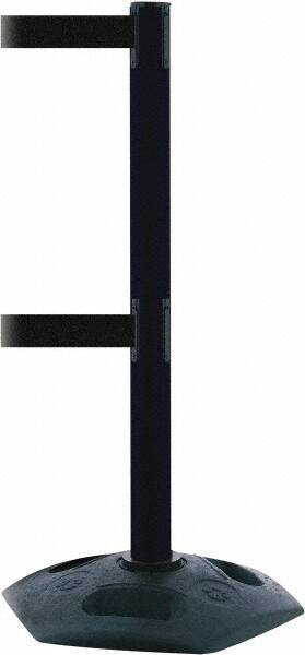 Tensator - 38" High, 2-1/2" Pole Diam, 4 Way Stanchion - 19" Base Diam, Octagon Recycled Rubber Base, Black Plastic Post, 13' x 2" Tape, Dual Line Tape, For Outdoor Use - Benchmark Tooling