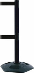 Tensator - 38" High, 2-1/2" Pole Diam, 4 Way Stanchion - 19" Base Diam, Octagon Recycled Rubber Base, Black Plastic Post, 13' x 2" Tape, Dual Line Tape, For Outdoor Use - Benchmark Tooling