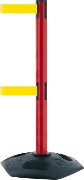 Tensator - 38" High, 2-1/2" Pole Diam, 4 Way Stanchion - 19" Base Diam, Octagon Recycled Rubber Base, Red Plastic Post, 13' x 2" Tape, Dual Line Tape, For Outdoor Use - Benchmark Tooling